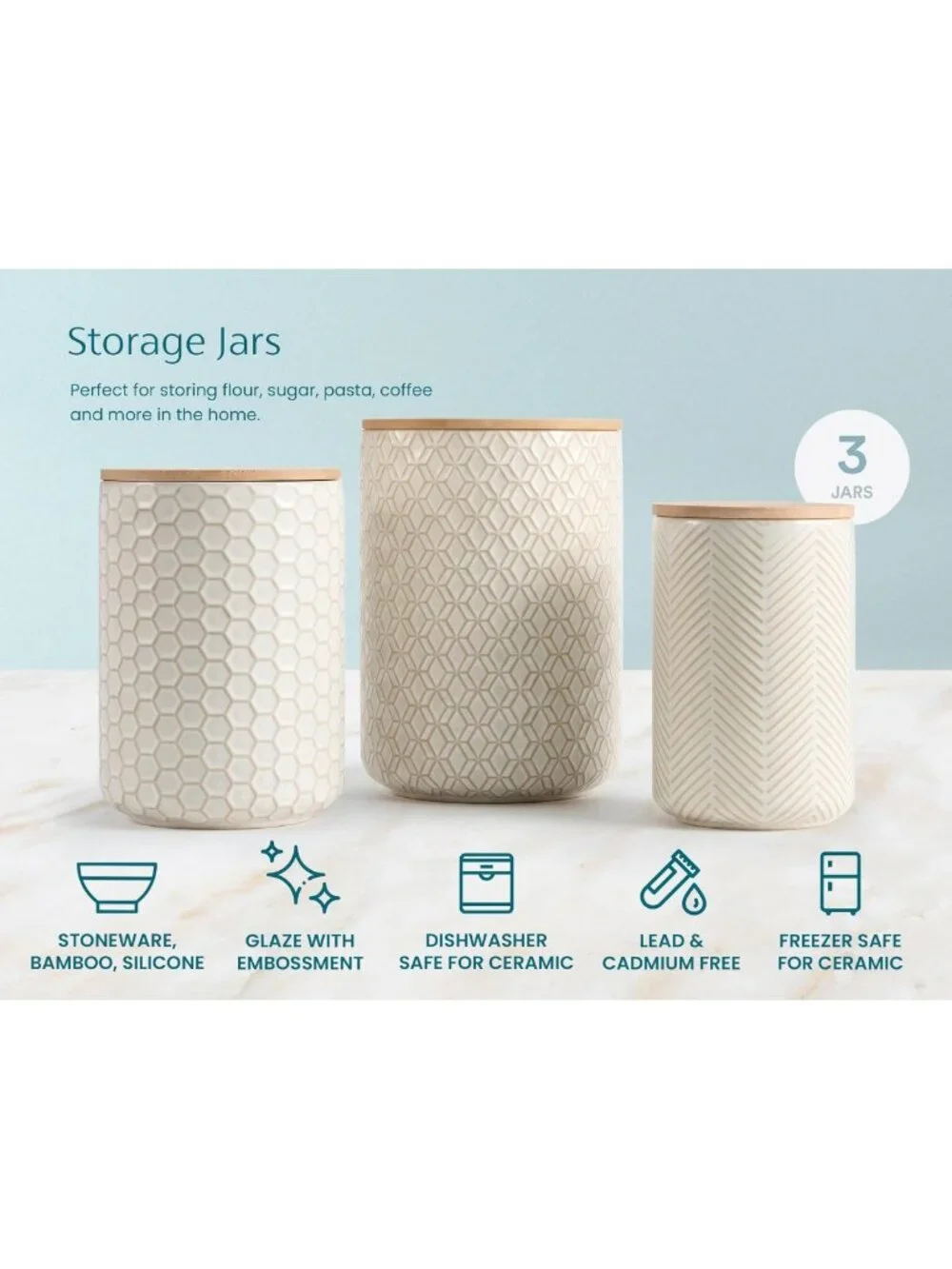 Stylish Ivory Ceramic Storage Containers with Bamboo Lids - Set of 3, Embossed